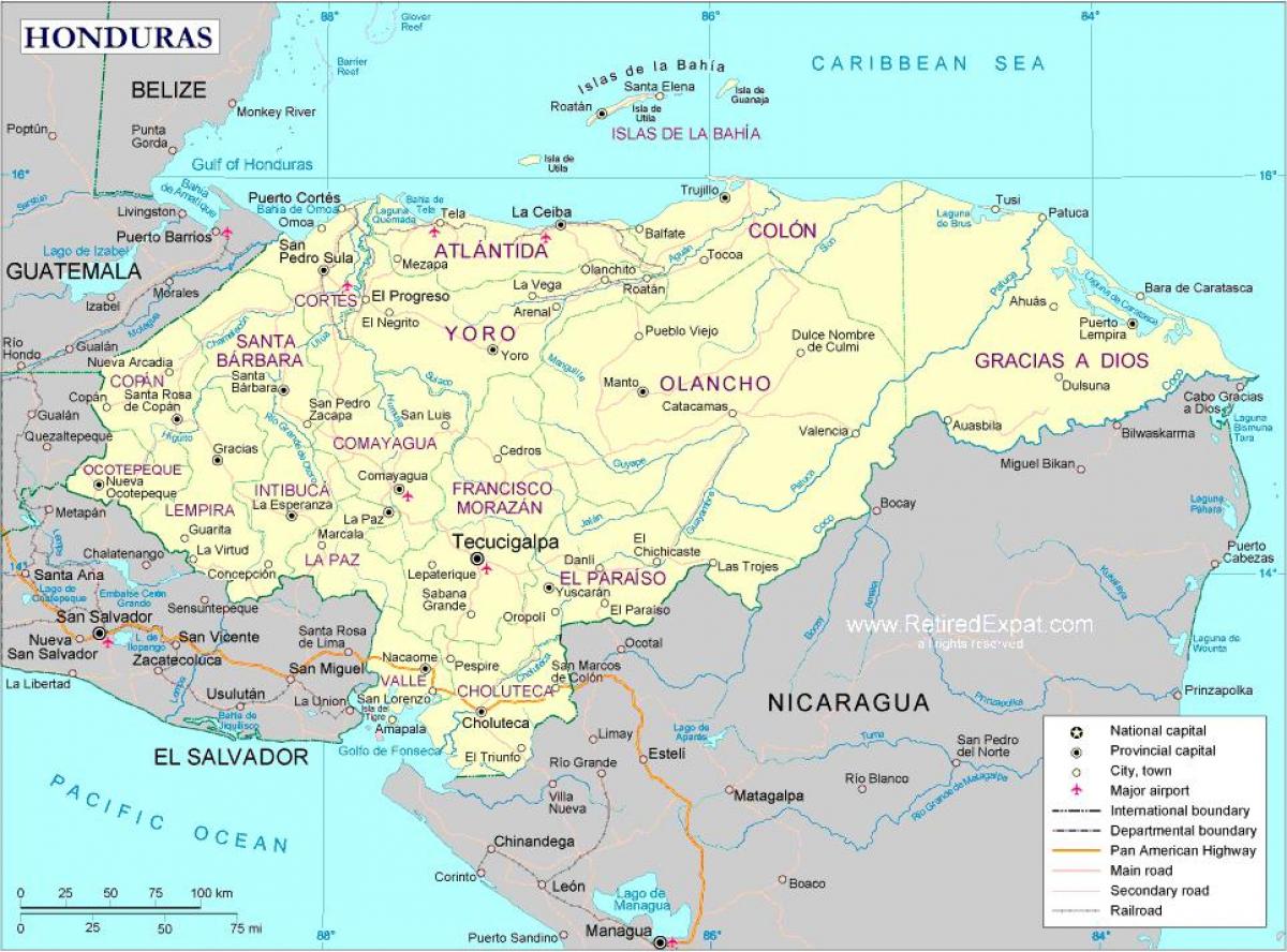 карта на политическата карта на Хондурас