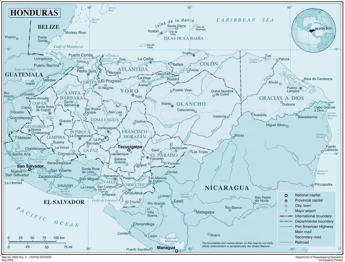 карта на физическа карта на Хондурас