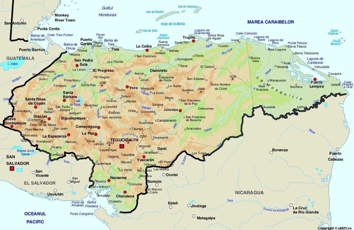 карта на Хондурас и съседните страни